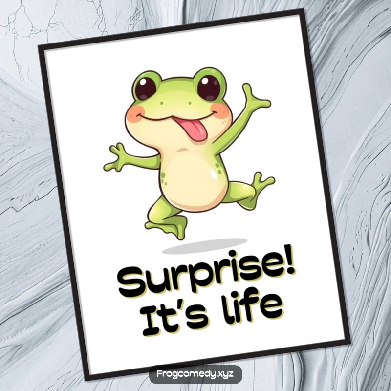 Funny digital art print of a happy frog doing a surprise leap with its tongue out, offering instant whimsical amphibian decor.