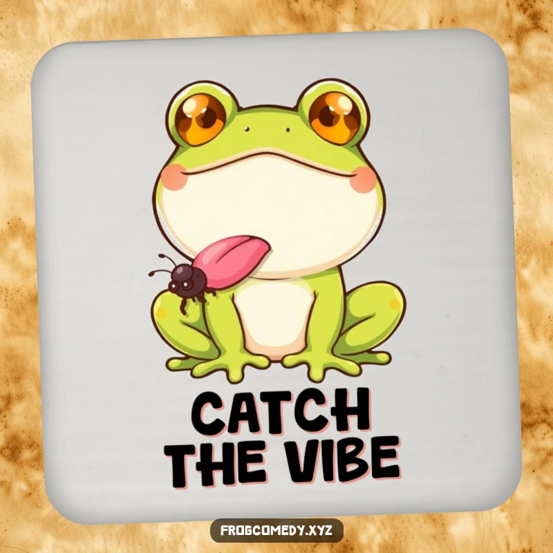 Funny frog with a wide smile, catching a fly with its tongue, on drink coasters, for humorous table protection.