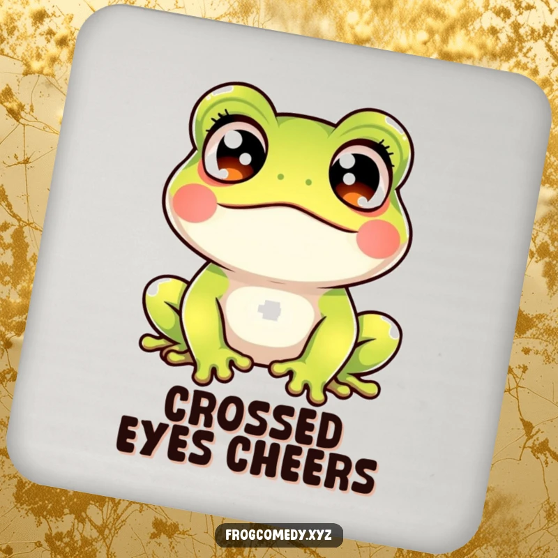 Funny kawaii frog crossed eyes drink coaster featuring a cute amphibian looking startled and amused, offering protection with a humorous touch.