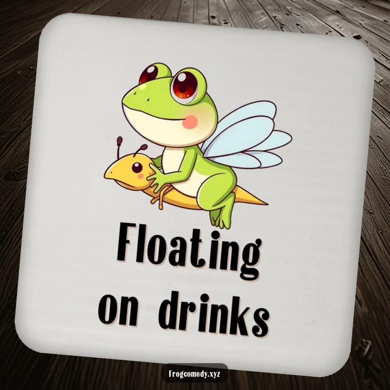Funny coaster with a frog character riding a friendly dragonfly, adding a touch of whimsical charm to surfaces.