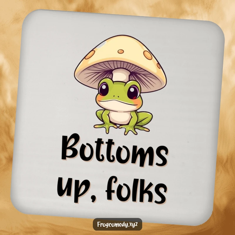 Funny frog curiously peeking from under a mushroom, on drink coasters, for humorous table protection.