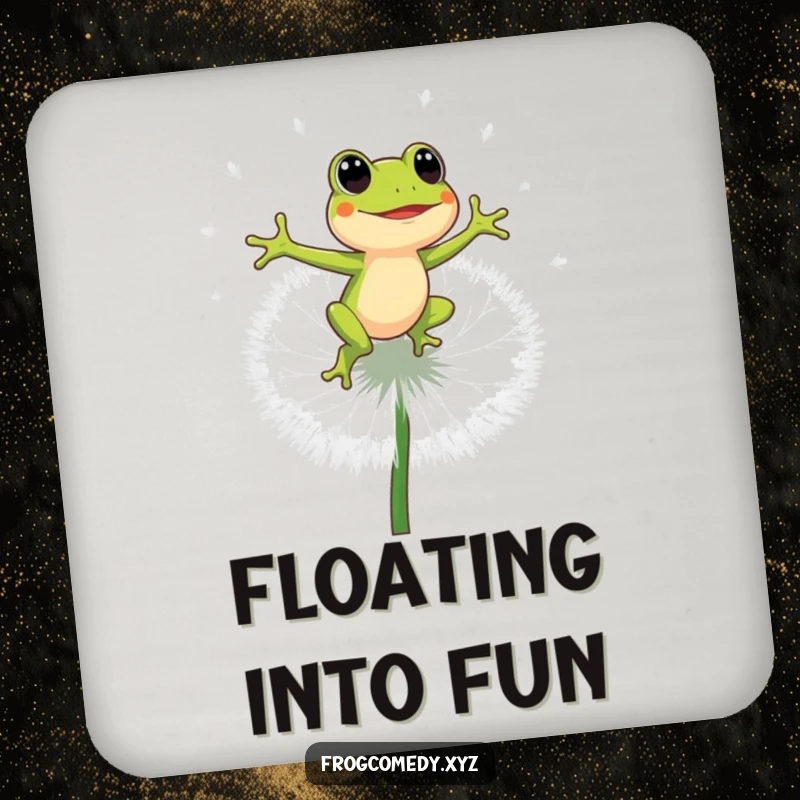 Funny energetic frog bouncing on a big dandelion puff, absorbent drink coaster, cute table protector, perfect humorous gift.
