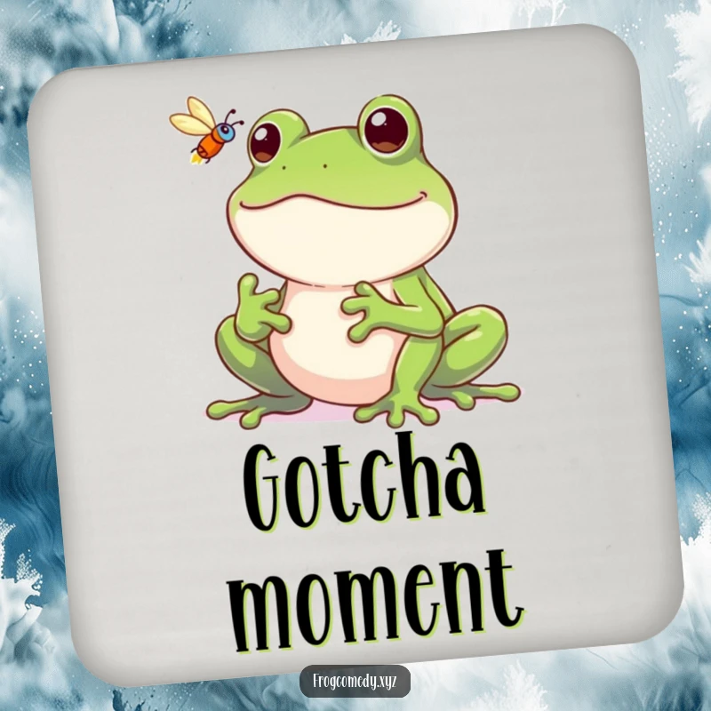 Funny frog coaster, a grinning frog catching a fly, decorative and protective drink accessory.