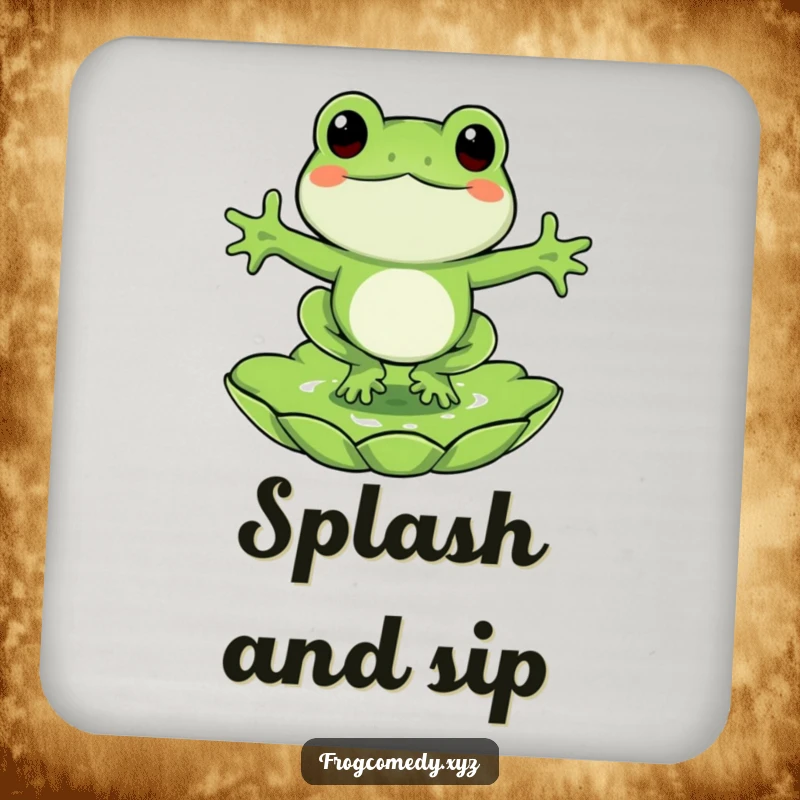 Funny frog coaster, a happy frog jumping onto a lily pad, decorative and protective drink accessory.