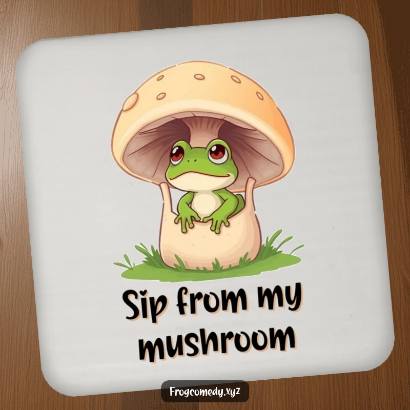 Funny drink coasters featuring a curious frog peeking from a large mushroom.