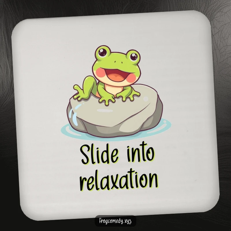 Funny drink coasters featuring a happy frog gleefully sliding down a smooth, wet rock.