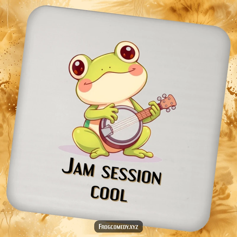 Funny kawaii frog banjo drink coaster featuring a cute amphibian playing a small banjo with enthusiasm, adding a musical touch.