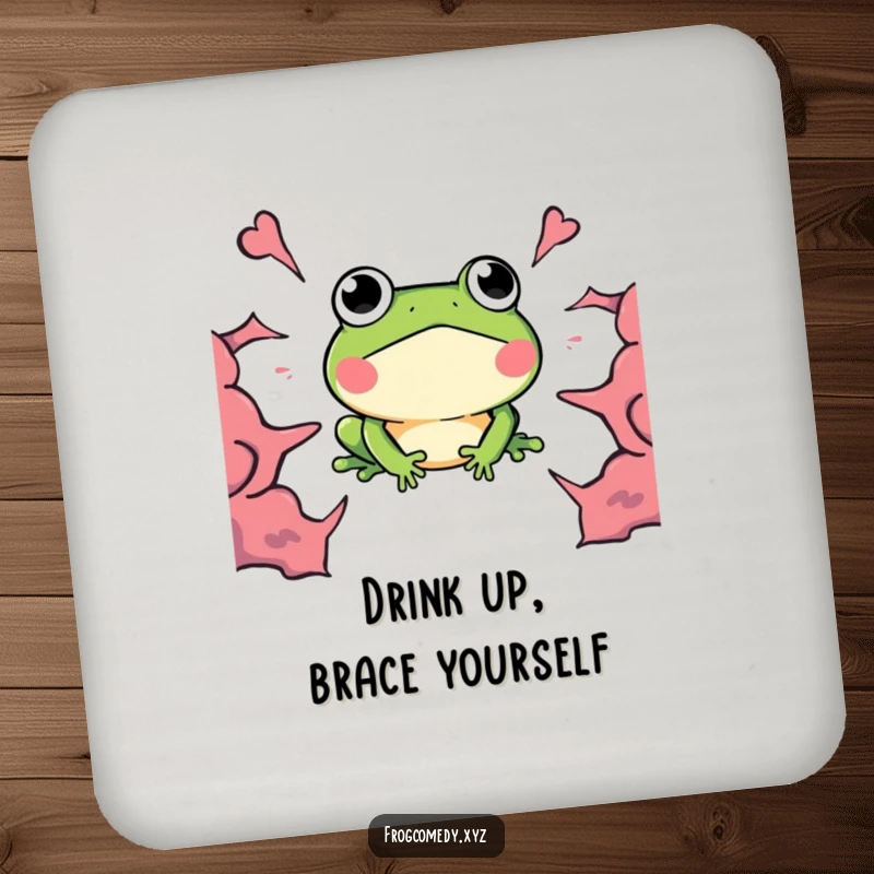 Funny Kawaii Frog Drink Coaster, a surprised frog with a boom, perfect for protecting tables with humor.