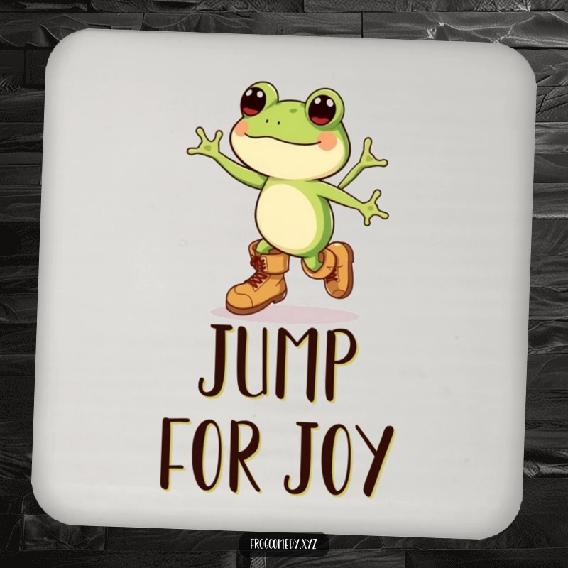 Funny Kawaii frog in enormous boots, captured mid-leap, displayed on this durable coaster for a touch of humor.