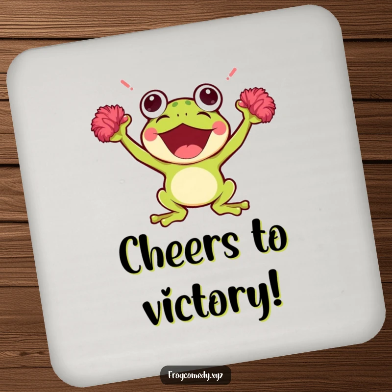 Funny Kawaii Frog Coaster: Protects surfaces with a cute cheering Kawaii frog design and pom-poms, adding a splash of fun to any table.