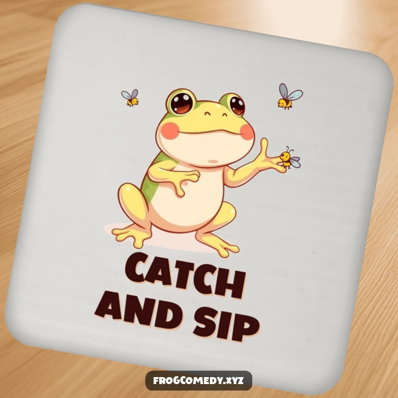 Funny kawaii frog drink coaster featuring a happy frog juggling three small flies, protecting surfaces with whimsical charm.