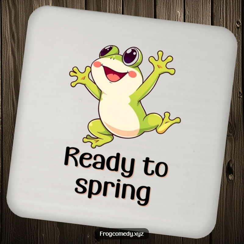 Funny drink coaster with a Kawaii stylized frog character joyfully leaping high into the air, adding cheerful energy while protecting surfaces.