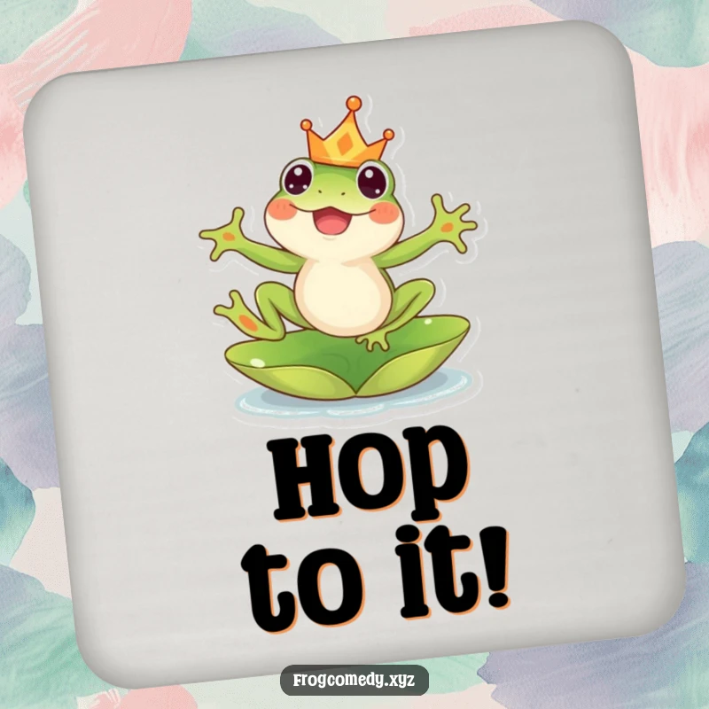 Funny kawaii frog crown coaster, with a frog leaping joyfully from a lily pad, protecting surfaces with charm.