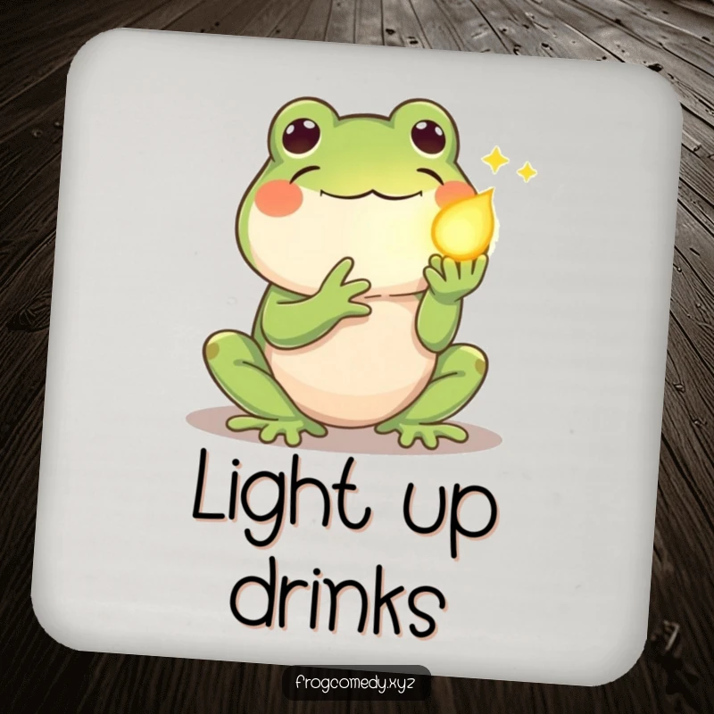 Funny kawaii frog firefly coaster, with a shy frog offering a glowing firefly, protecting surfaces with charm.