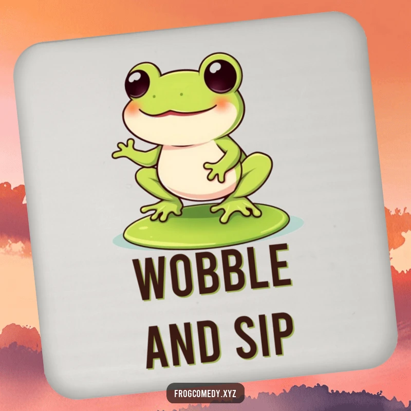 Funny Kawaii frog wobbling with laughter on a lily pad, on a drink coaster, adding hilarious humor and protection to surfaces.