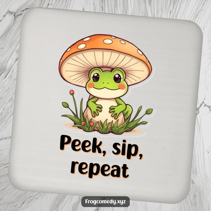 Funny Kawaii frog drink coaster featuring a cute frog peeking behind a mushroom, a humorous and protective accessory.