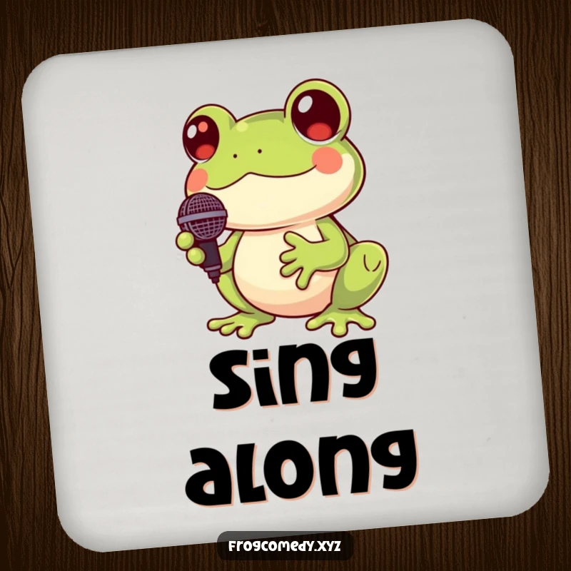 Funny Kawaii frog drink coasters featuring a cute frog holding a microphone and croaking, a humorous addition to any table.