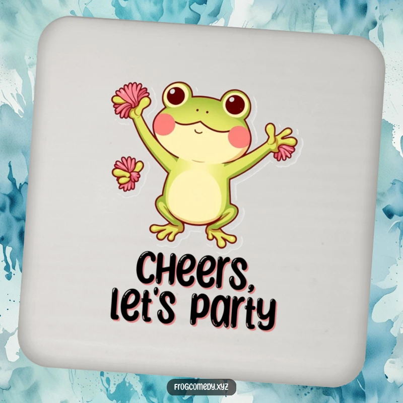 Funny Kawaii frog drink coaster featuring a cute frog cheering with pom-poms, a humorous and protective accessory.