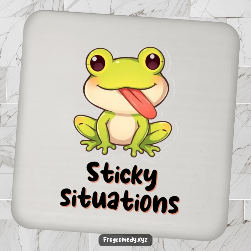 Funny drink coaster showing a kawaii frog character sticking out its long, sticky tongue playfully, protecting surfaces with humor.