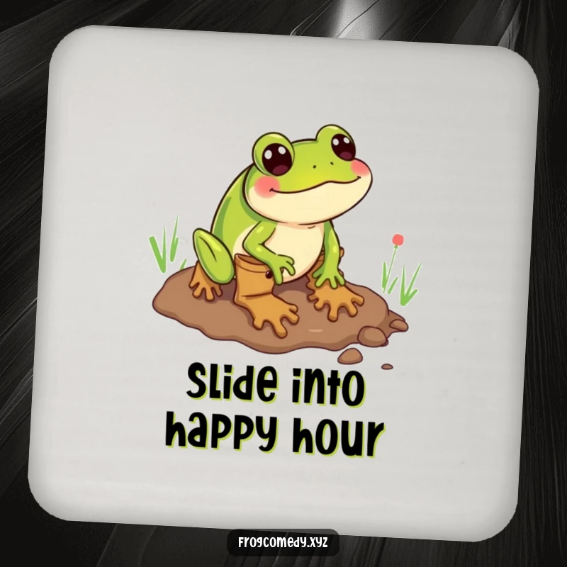 Funny coaster depicting a frog wearing boots comically sliding through mud, perfect for protecting furniture with humor.