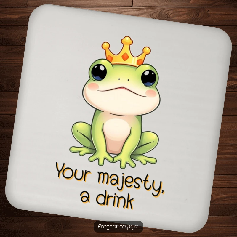 Funny regal frog king drink coasters, depicting a crowned amphibian, protecting surfaces with royal humor and a distinguished appearance.