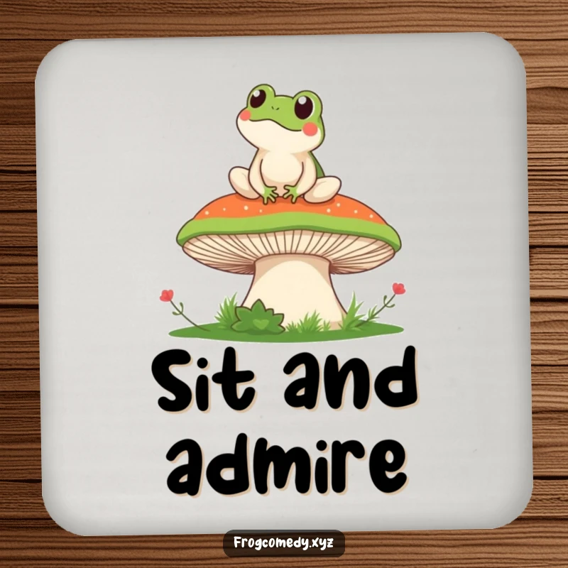 Funny drink coaster featuring a kawaii frog sitting on a mushroom, enjoying a peaceful, humorous view, protecting surfaces in style.