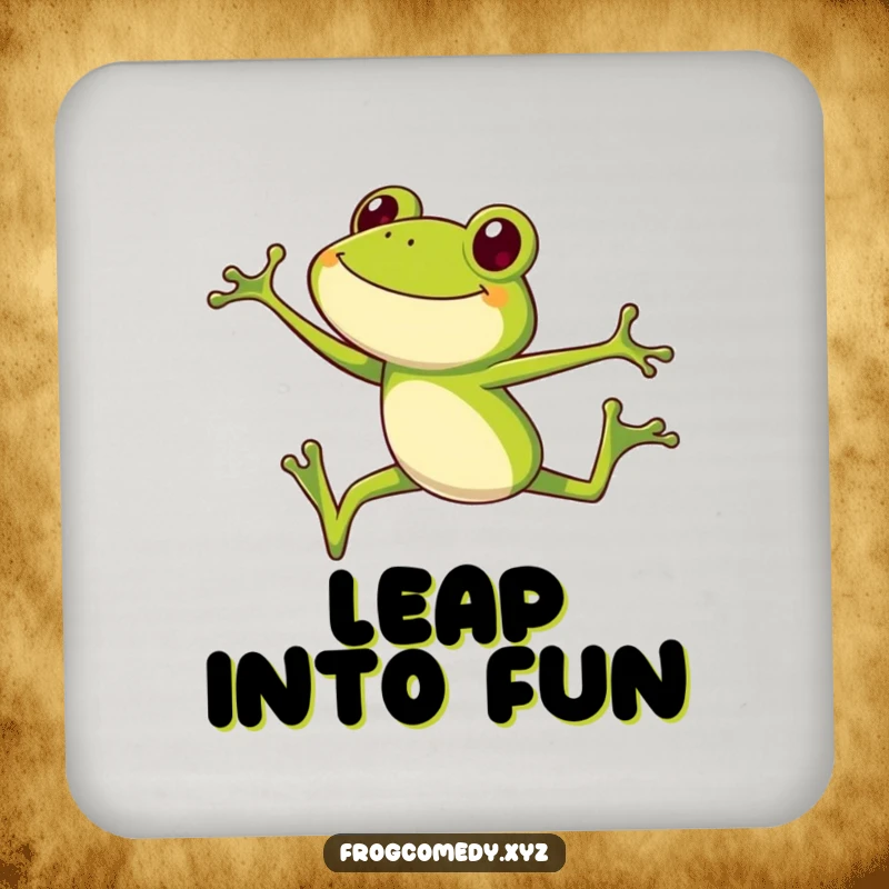Funny frog coaster, a smiling long-legged frog executing a high jump, protects surfaces with funny gift.