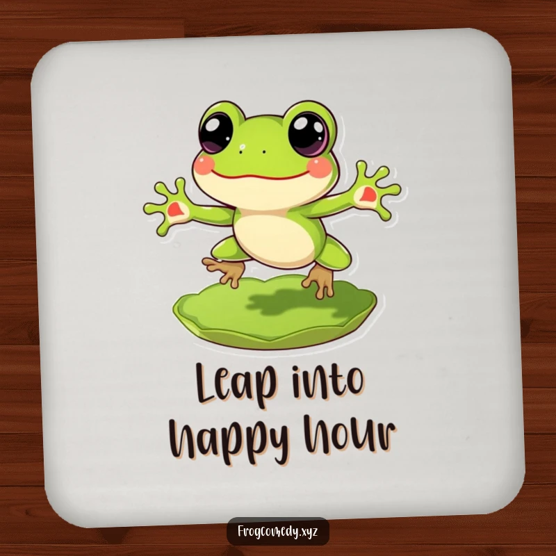 Funny Frog Coaster: A cheerful frog with big eyes leaping from a lily pad, offering humorous surface protection.