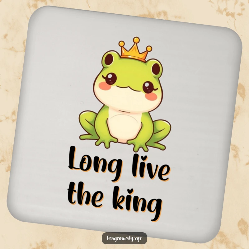 Funny Kawaii frog king with a tiny crown, looking majestic and regal on a protective, funny drink coaster.