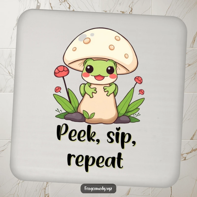 Funny Kawaii Frog Coaster: Protects surfaces with a cute Kawaii frog peeking from behind a mushroom, adding whimsical charm to any table.