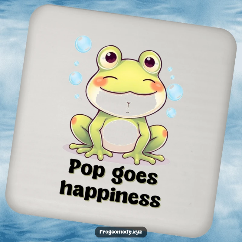Funny Kawaii frog grinning widely, blowing a stream of bubbles, displayed on this durable coaster for a touch of humor.