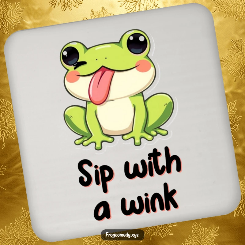 Funny Kawaii frog sticking its tongue out and winking playfully, on a drink coaster, adding cheeky humor and protection to surfaces.