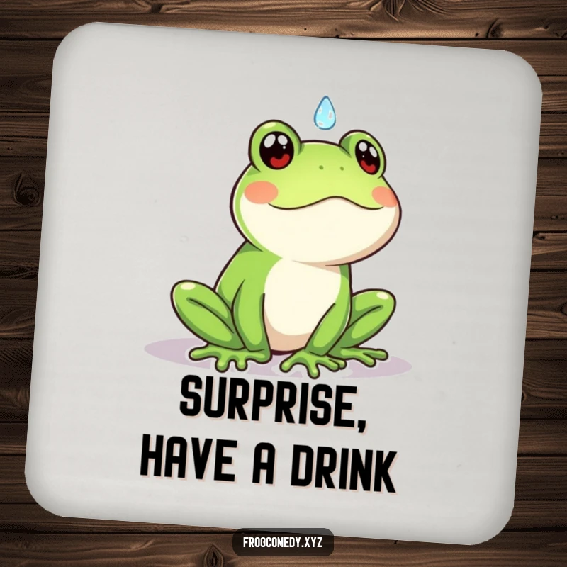 Funny Kawaii frog drink coaster featuring a cute frog surprised by a raindrop, a humorous and protective accessory.