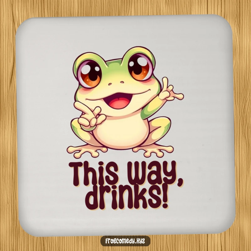 Funny coaster with an excited frog, bulging eyes, and a pointing finger, adding a touch of humor to surfaces.