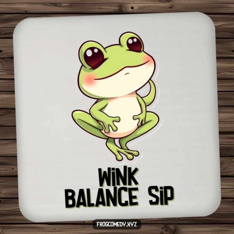 Funny frog balancing on one toe with a mischievous wink, protecting surfaces on a humorous drink coaster.