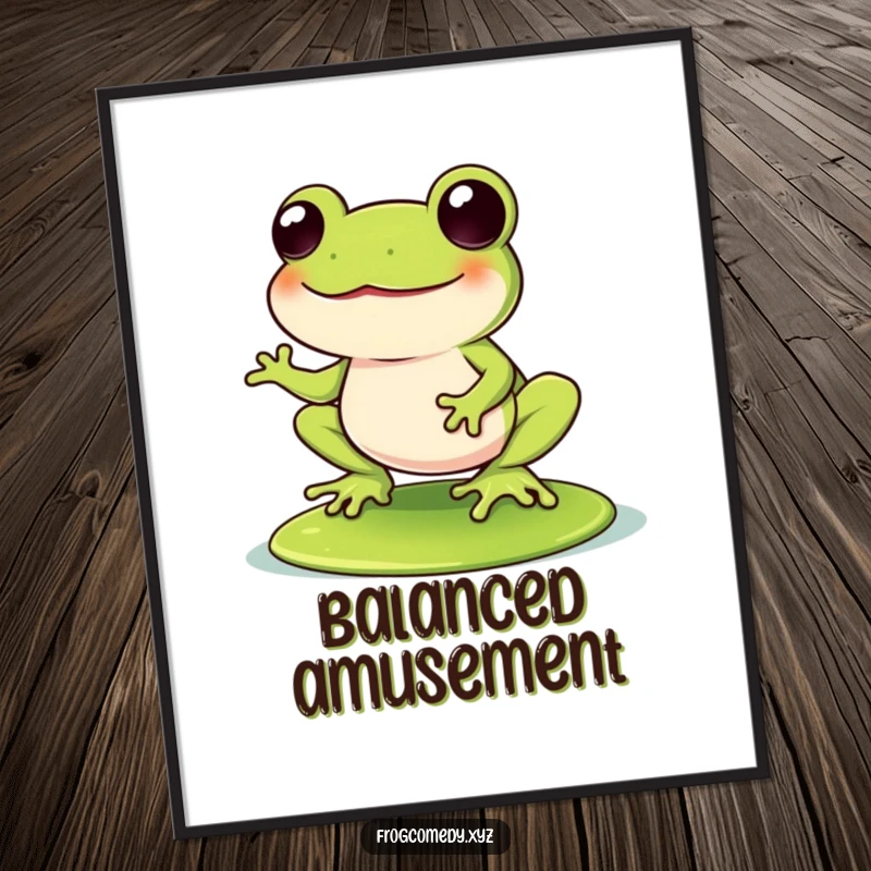 Funny Kawaii frog wobbling with laughter on a lily pad, depicted as funny wall art, adding pure joy and humor to any space.