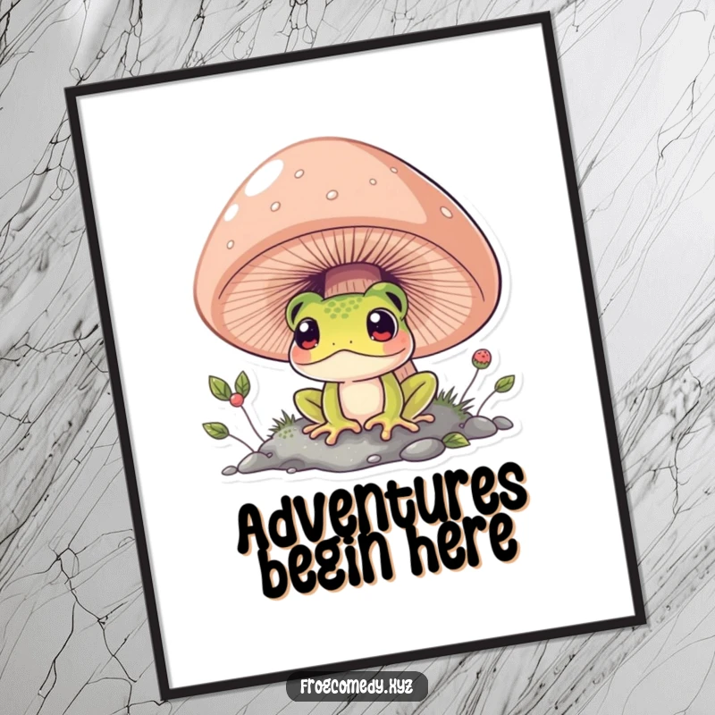 Funny curious frog peeking from beneath a large mushroom, whimsical wall art, cute cartoon illustration, perfect humorous gift.