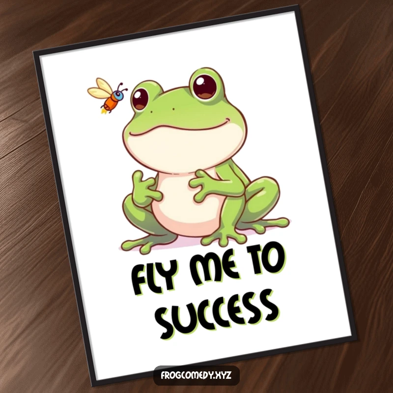 Funny frog poster, a frog with a wide grin catching a fly mid-air, whimsical wall art for a touch of humor.