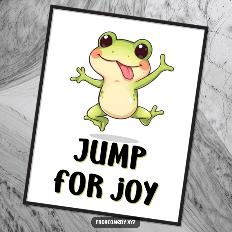 Funny poster of a happy frog mid-leap with its tongue out in surprise, adding whimsical amphibian humor to any room.