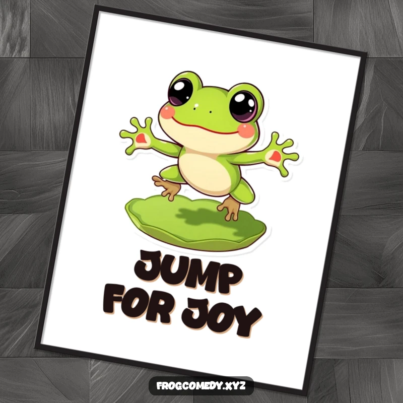 Funny Frog Poster: A cheerful frog with large eyes, captured in an exuberant leap from a lily pad.