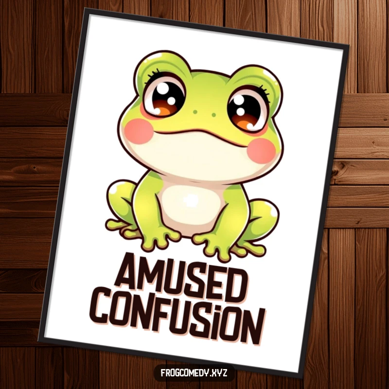 Funny kawaii frog crossed eyes poster depicting a cute amphibian with eyes crossed, looking comically startled and amused, perfect for fun wall art.
