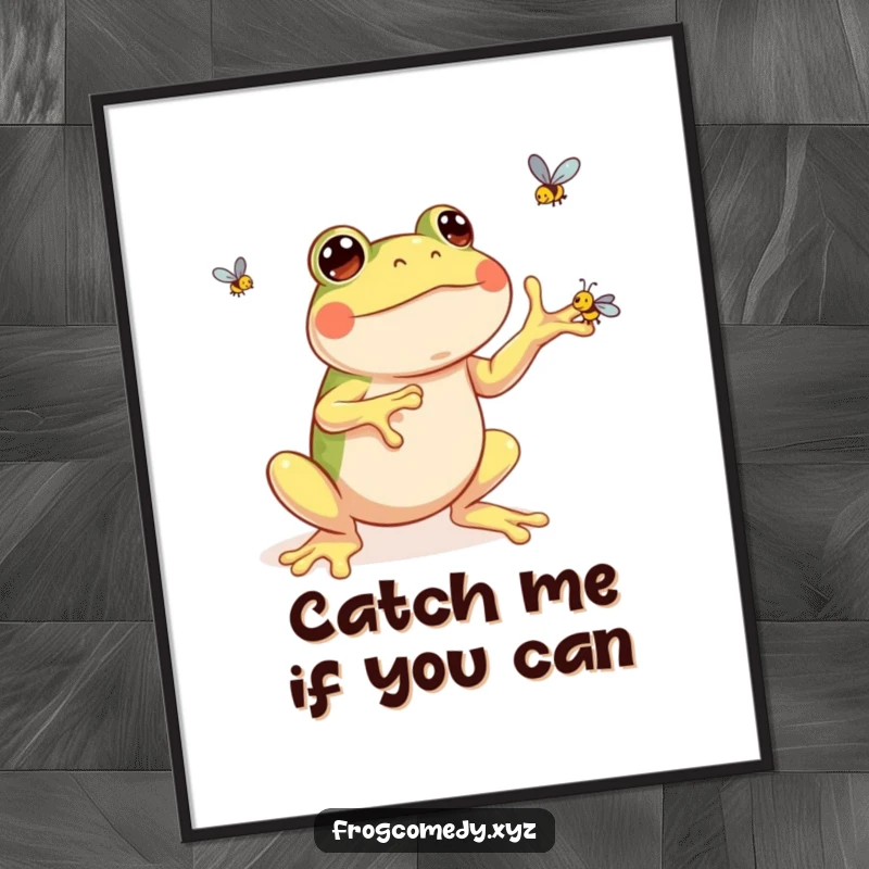 Funny kawaii frog poster displaying a happy amphibian character skillfully juggling three minuscule flies with an expression of pure, unadulterated glee.