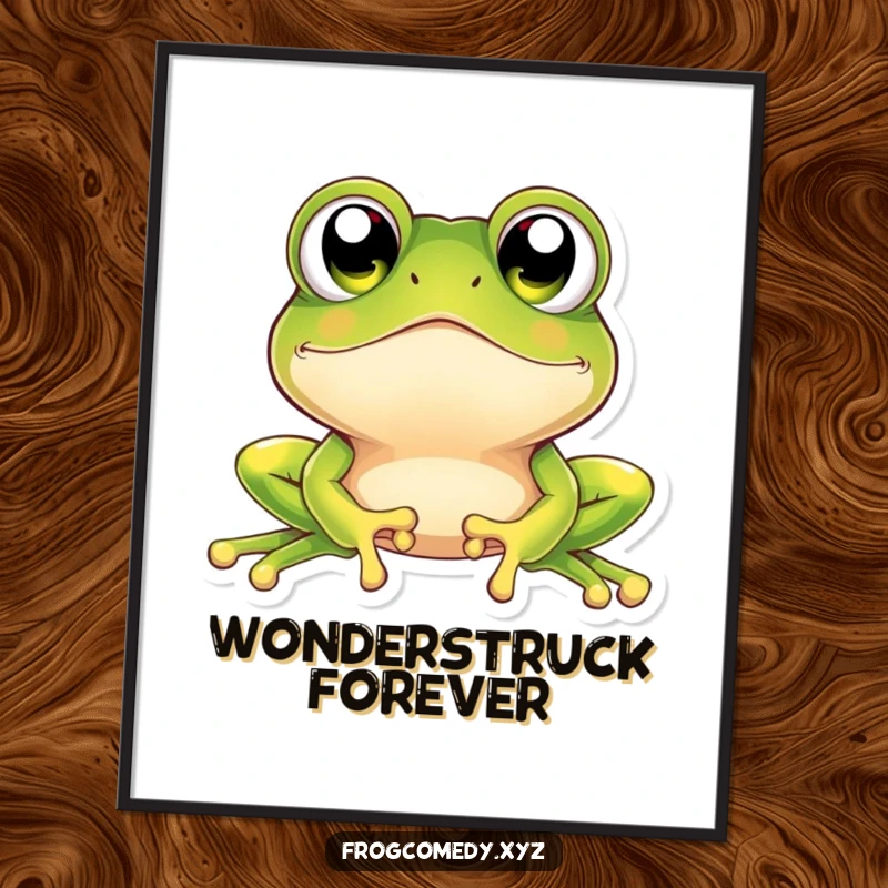 Funny kawaii frog poster art showing a cute frog with comically large, sparkling eyes looking upwards, conveying a feeling of gentle astonishment.