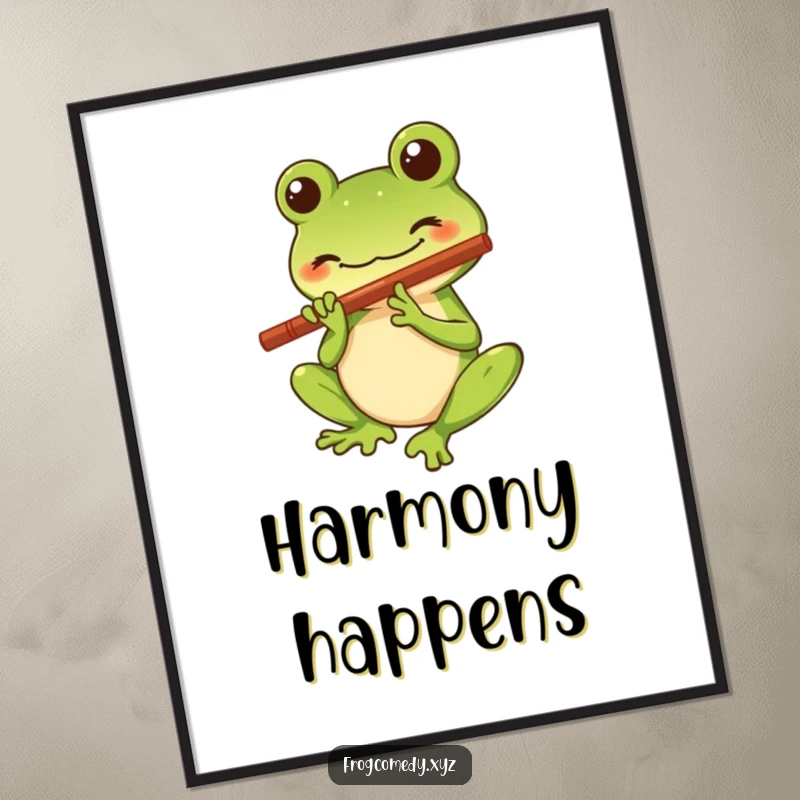 Funny poster featuring a Kawaii stylized frog character with a big smile playing a tiny flute, ideal wall art for adding a touch of musical whimsy.