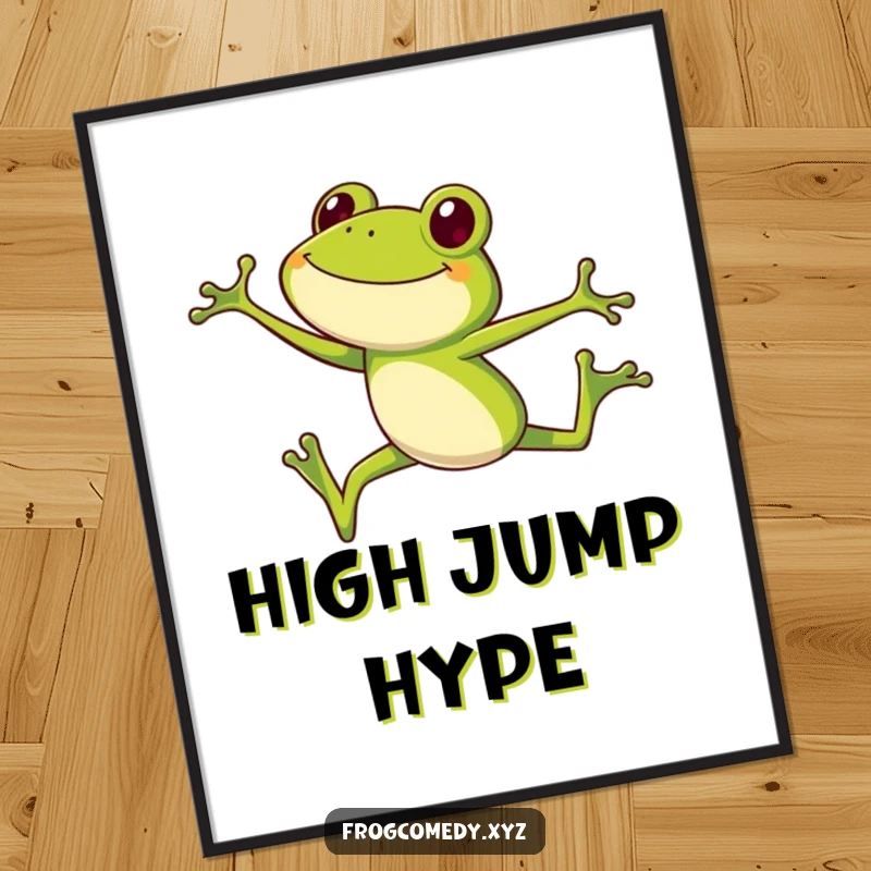 Funny frog poster, a smiling long-legged frog captured mid-high jump, ideal for a humorous wall art gift.