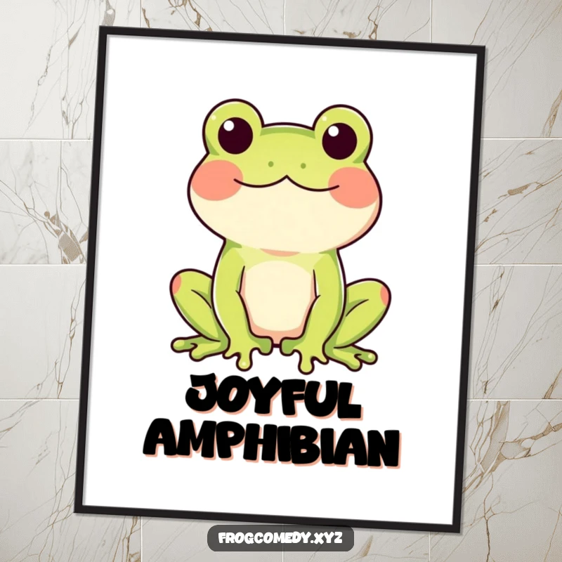 Funny poster of a frog with rosy cheeks doing a happy wiggle, ideal for adding cheerful decor.