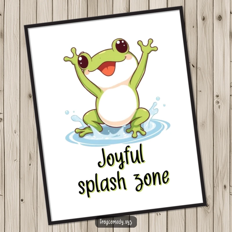 Art print of a kawaii frog performing a joyful somersault, creating a small splash, perfect for cheerful decor.