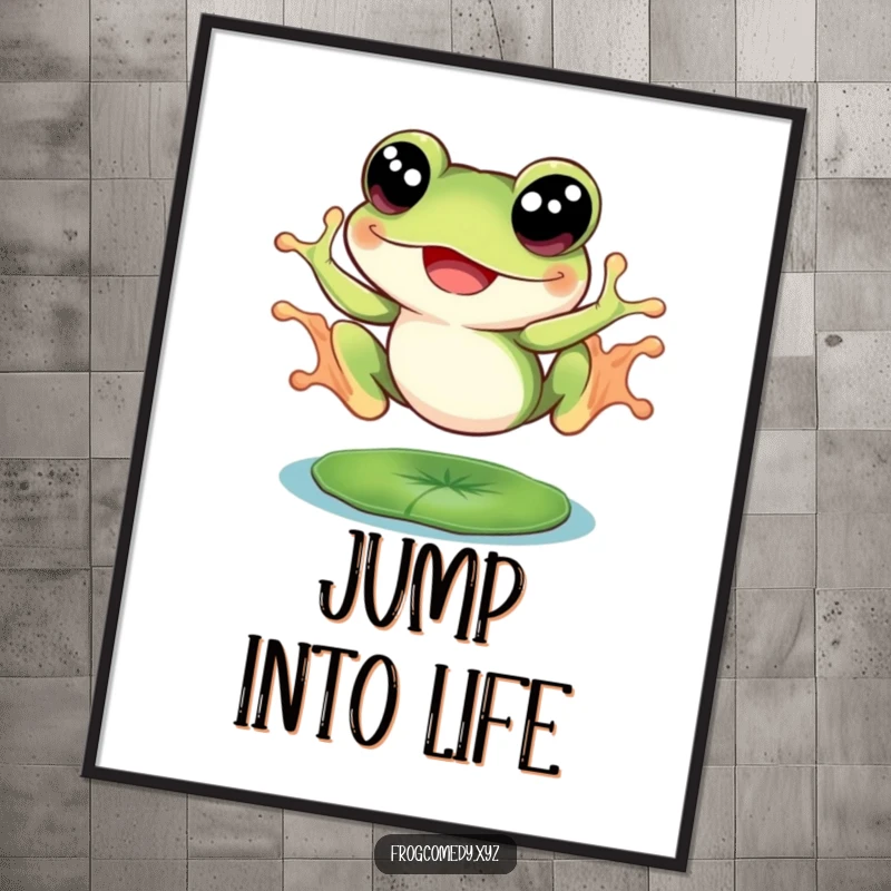 Funny frog with large eyes, joyfully leaping from a lily pad, displayed as a vibrant poster, adding whimsical charm.