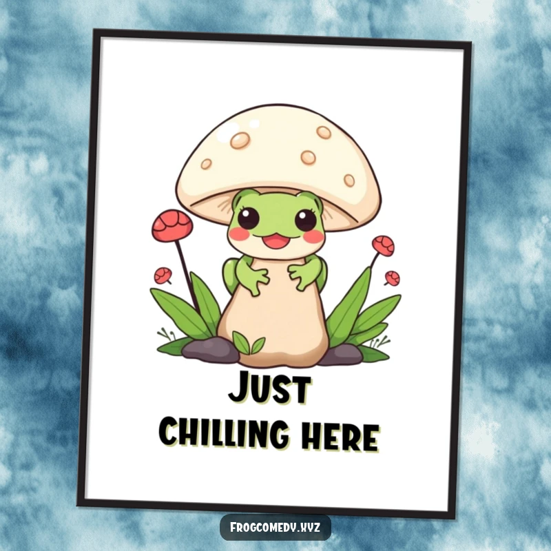 Funny Kawaii Frog Poster: A charming art print of a Kawaii frog peeking from behind a giant mushroom, bringing a sense of wonder and humor.