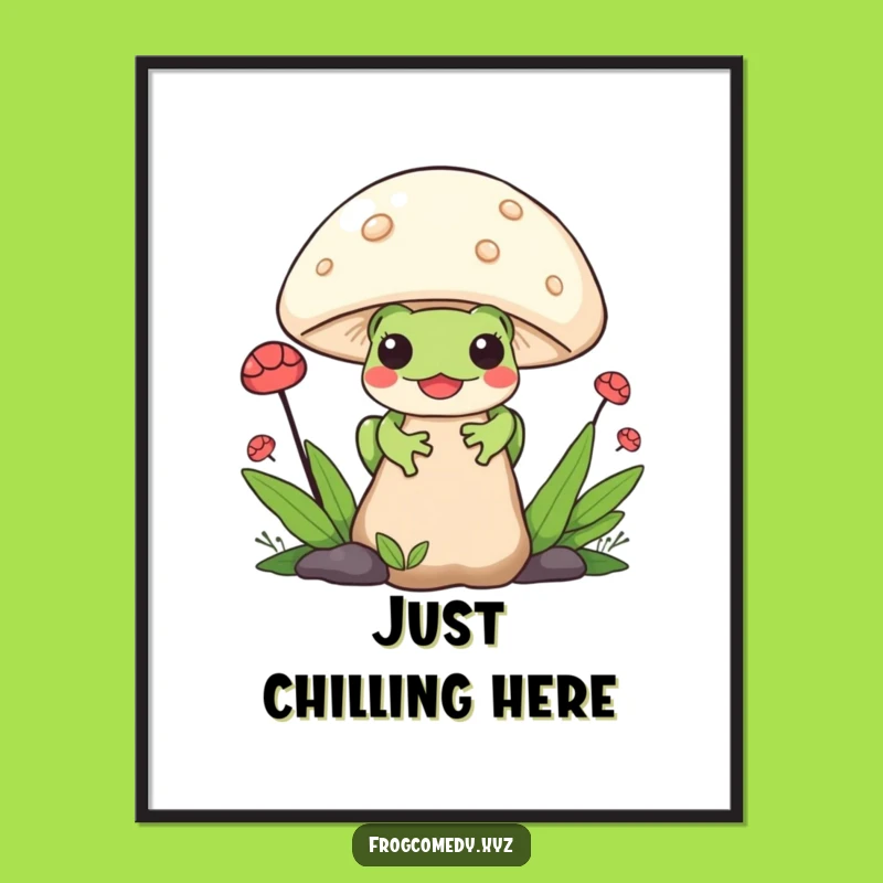 Funny Kawaii Frog Poster: Mushroom Hideaway Art Print, Perfect Whimsical Funny Gift!